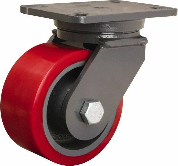 Hamilton - 6" Diam x 3" Wide x 8" OAH Top Plate Mount Swivel Caster - Polyurethane Mold onto Cast Iron Center, 2,600 Lb Capacity, Sealed Precision Ball Bearing, 5-1/4 x 7-1/4" Plate - Apex Tool & Supply