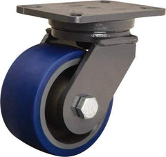 Hamilton - 6" Diam x 3" Wide x 8" OAH Top Plate Mount Swivel Caster - Polyurethane Mold onto Cast Iron Center, 1,800 Lb Capacity, Tapered Roller Bearing, 5-1/4 x 7-1/4" Plate - Apex Tool & Supply