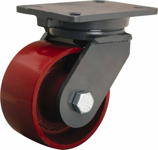 Hamilton - 6" Diam x 3" Wide x 8" OAH Top Plate Mount Swivel Caster - Cast Iron, 2,500 Lb Capacity, Precision Ball Bearing, 5-1/4 x 7-1/4" Plate - Apex Tool & Supply