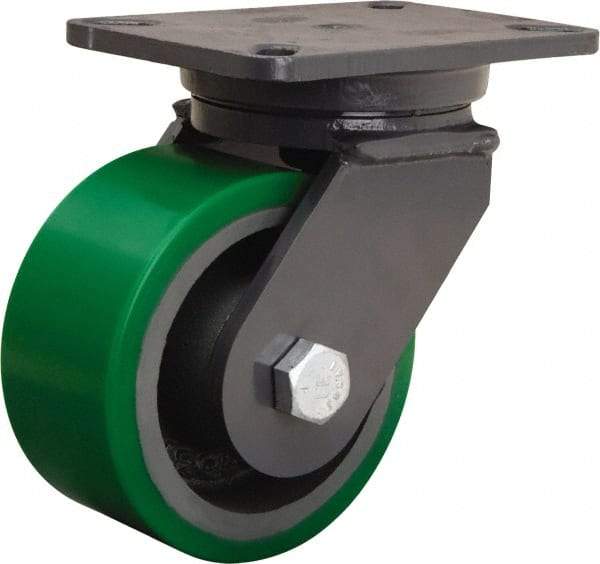 Hamilton - 6" Diam x 3" Wide x 8" OAH Top Plate Mount Swivel Caster - Polyurethane Mold onto Cast Iron Center, 2,200 Lb Capacity, Tapered Roller Bearing, 5-1/4 x 7-1/4" Plate - Apex Tool & Supply