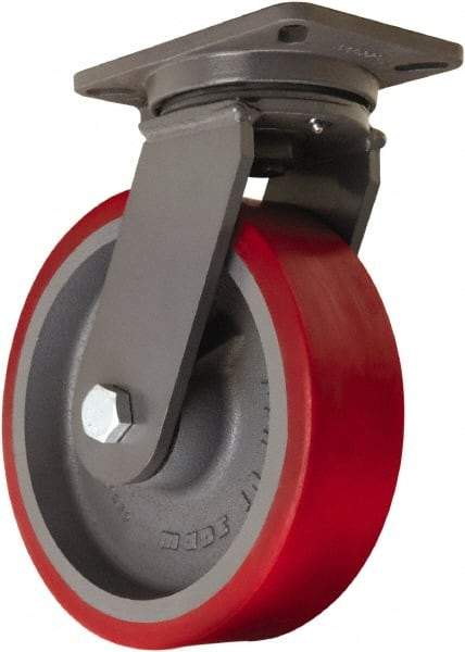 Hamilton - 10" Diam x 3" Wide x 12-1/2" OAH Top Plate Mount Swivel Caster - Polyurethane Mold onto Cast Iron Center, 3,600 Lb Capacity, Tapered Roller Bearing, 5-1/4 x 7-1/4" Plate - Apex Tool & Supply