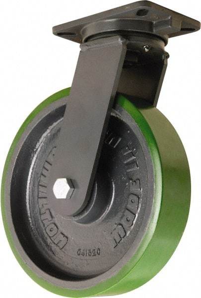 Hamilton - 12" Diam x 3" Wide x 15-1/2" OAH Top Plate Mount Swivel Caster - Polyurethane Mold onto Cast Iron Center, 3,500 Lb Capacity, Tapered Roller Bearing, 5-1/4 x 7-1/4" Plate - Apex Tool & Supply