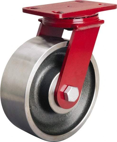 Hamilton - 8" Diam x 3" Wide x 10-1/8" OAH Top Plate Mount Swivel Caster - Forged Steel, 2,200 Lb Capacity, Sealed Precision Ball Bearing, 4-1/2 x 6-1/2" Plate - Apex Tool & Supply