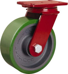 Hamilton - 8" Diam x 3" Wide x 10-1/8" OAH Top Plate Mount Swivel Caster - Polyurethane Mold onto Cast Iron Center, 2,200 Lb Capacity, Tapered Roller Bearing, 4-1/2 x 6-1/2" Plate - Apex Tool & Supply