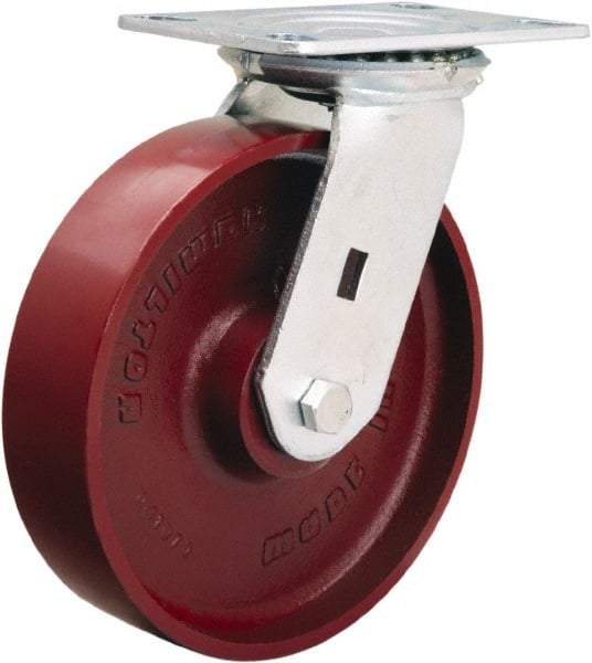 Hamilton - 8" Diam x 2" Wide x 9-1/2" OAH Top Plate Mount Swivel Caster - Cast Iron, 1,500 Lb Capacity, Precision Ball Bearing, 4-1/2 x 6-1/4" Plate - Apex Tool & Supply