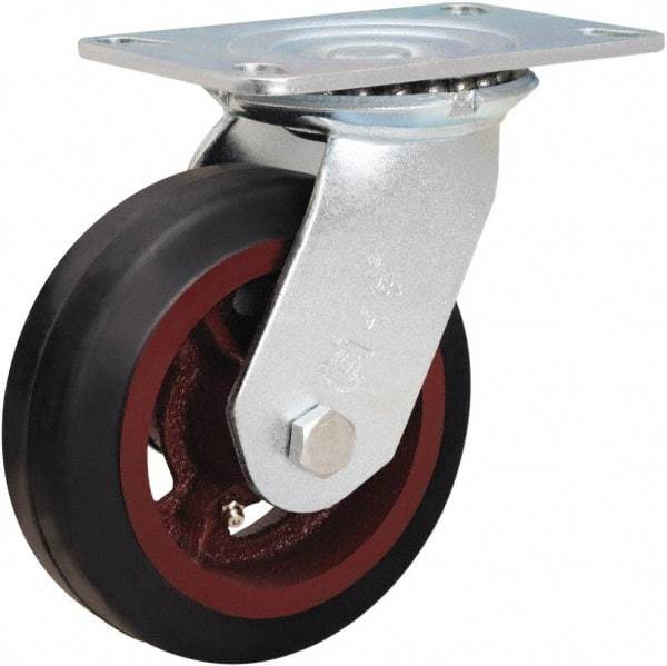 Hamilton - 6" Diam x 2" Wide x 7-1/2" OAH Top Plate Mount Swivel Caster - Rubber Mold on Cast Iron, 410 Lb Capacity, Straight Roller Bearing, 4-1/2 x 6-1/4" Plate - Apex Tool & Supply