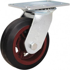 Hamilton - 6" Diam x 2" Wide x 7-1/2" OAH Top Plate Mount Swivel Caster - Rubber Mold on Cast Iron, 410 Lb Capacity, Straight Roller Bearing, 4-1/2 x 6-1/4" Plate - Apex Tool & Supply