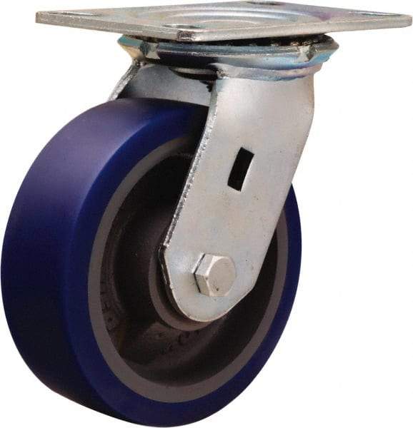 Hamilton - 6" Diam x 2" Wide x 7-1/2" OAH Top Plate Mount Swivel Caster - Polyurethane Mold onto Cast Iron Center, 960 Lb Capacity, Sealed Precision Ball Bearing, 4-1/2 x 6-1/4" Plate - Apex Tool & Supply