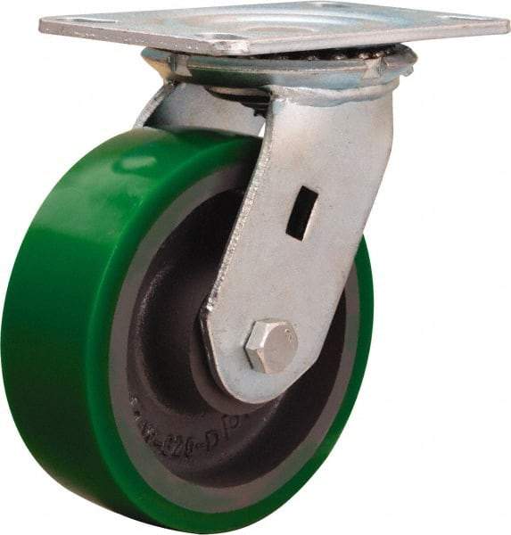 Hamilton - 6" Diam x 2" Wide x 7-1/2" OAH Top Plate Mount Swivel Caster - Polyurethane Mold onto Cast Iron Center, 1,200 Lb Capacity, Sealed Precision Ball Bearing, 4-1/2 x 6-1/4" Plate - Apex Tool & Supply