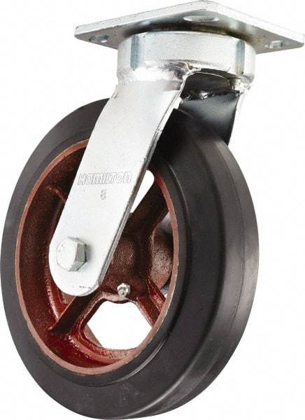 Hamilton - 8" Diam x 2" Wide x 9-1/2" OAH Top Plate Mount Swivel Caster - Rubber Mold on Cast Iron, Straight Roller Bearing, 4 x 4-1/2" Plate - Apex Tool & Supply