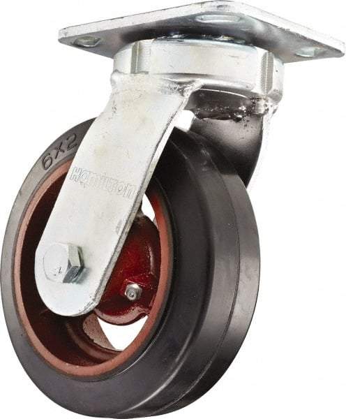 Hamilton - 6" Diam x 2" Wide x 7-1/2" OAH Top Plate Mount Swivel Caster - Rubber Mold on Cast Iron, Straight Roller Bearing, 4 x 4-1/2" Plate - Apex Tool & Supply
