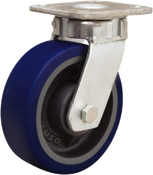 Hamilton - 5" Diam x 2" Wide x 7" OAH Top Plate Mount Swivel Caster - Polyurethane Mold onto Cast Iron Center, 840 Lb Capacity, Sealed Precision Ball Bearing, 4 x 4-1/2" Plate - Apex Tool & Supply