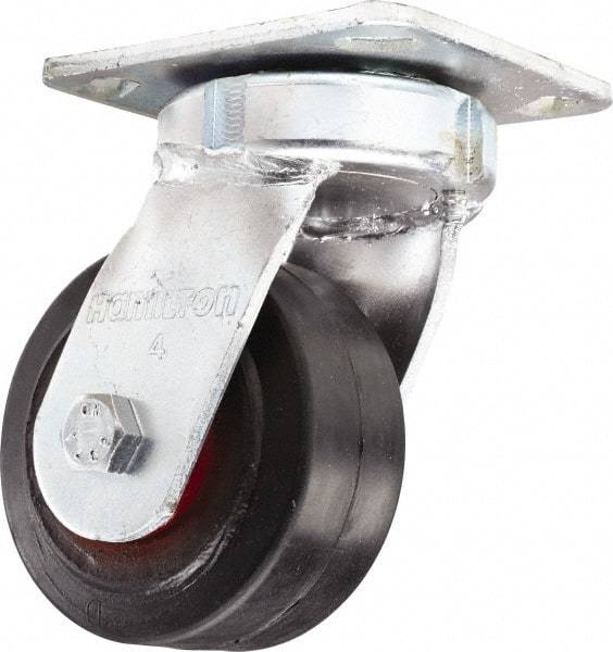 Hamilton - 4" Diam x 2" Wide x 5-5/8" OAH Top Plate Mount Swivel Caster - Rubber Mold on Cast Iron, Straight Roller Bearing, 4 x 4-1/2" Plate - Apex Tool & Supply