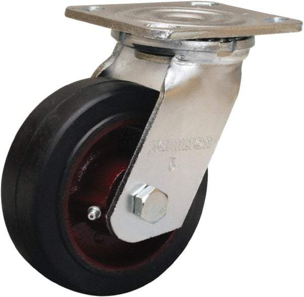 Hamilton - 5" Diam x 2" Wide x 6-1/2" OAH Top Plate Mount Swivel Caster - Rubber Mold on Cast Iron, 350 Lb Capacity, Straight Roller Bearing, 4 x 4-1/2" Plate - Apex Tool & Supply
