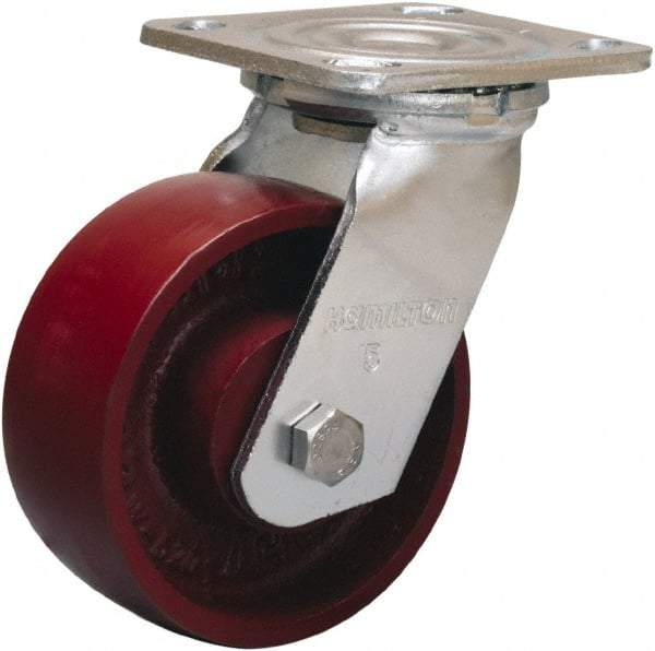 Hamilton - 5" Diam x 2" Wide x 6-1/2" OAH Top Plate Mount Swivel Caster - Cast Iron, 1,250 Lb Capacity, Precision Ball Bearing, 4 x 4-1/2" Plate - Apex Tool & Supply