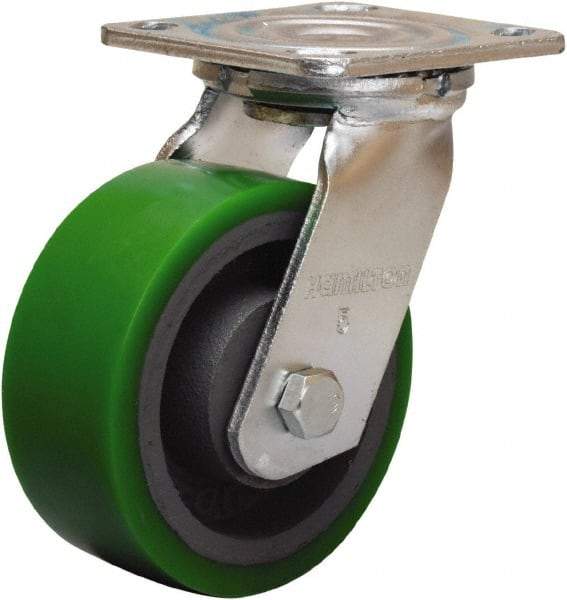 Hamilton - 5" Diam x 2" Wide x 6-1/2" OAH Top Plate Mount Swivel Caster - Polyurethane Mold onto Cast Iron Center, 900 Lb Capacity, Sealed Precision Ball Bearing, 4 x 4-1/2" Plate - Apex Tool & Supply