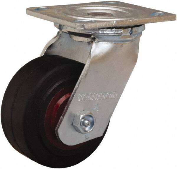 Hamilton - 4" Diam x 2" Wide x 5-5/8" OAH Top Plate Mount Swivel Caster - Rubber Mold on Cast Iron, 300 Lb Capacity, Straight Roller Bearing, 4 x 4-1/2" Plate - Apex Tool & Supply
