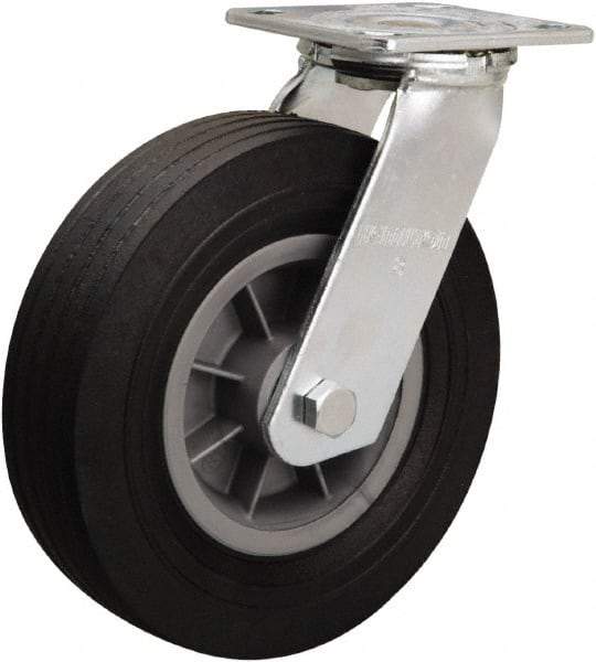 Hamilton - 8" Diam x 2-1/2" Wide, Rubber Swivel Caster - 400 Lb Capacity, Top Plate Mount, 4" x 4-1/2" Plate, Ball Bearing - Apex Tool & Supply