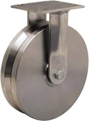 Hamilton - 8" Diam x 2" Wide, Stainless Steel Rigid Caster - 800 Lb Capacity, Top Plate Mount, 3-3/4" x 4-1/2" Plate, Delrin Bearing - Apex Tool & Supply