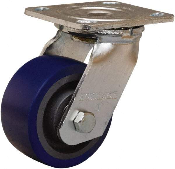 Hamilton - 4" Diam x 2" Wide x 5-5/8" OAH Top Plate Mount Swivel Caster - Polyurethane Mold onto Cast Iron Center, 600 Lb Capacity, Sealed Precision Ball Bearing, 4 x 4-1/2" Plate - Apex Tool & Supply
