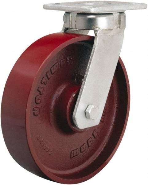 Hamilton - 8" Diam x 2" Wide x 9-1/2" OAH Top Plate Mount Swivel Caster - Cast Iron, 1,500 Lb Capacity, Sealed Precision Ball Bearing, 4 x 4-1/2" Plate - Apex Tool & Supply