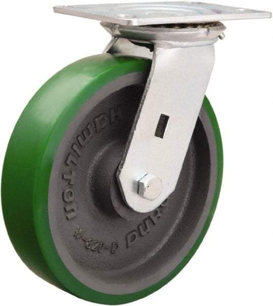 Hamilton - 8" Diam x 2" Wide x 9-1/2" OAH Top Plate Mount Swivel Caster - Polyurethane Mold onto Cast Iron Center, 1,500 Lb Capacity, Sealed Precision Ball Bearing, 4-1/2 x 6-1/4" Plate - Apex Tool & Supply
