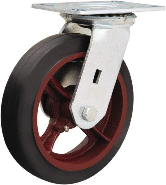 Hamilton - 8" Diam x 2" Wide x 9-1/2" OAH Top Plate Mount Swivel Caster - Rubber Mold on Cast Iron, 500 Lb Capacity, Straight Roller Bearing, 4-1/2 x 6-1/4" Plate - Apex Tool & Supply