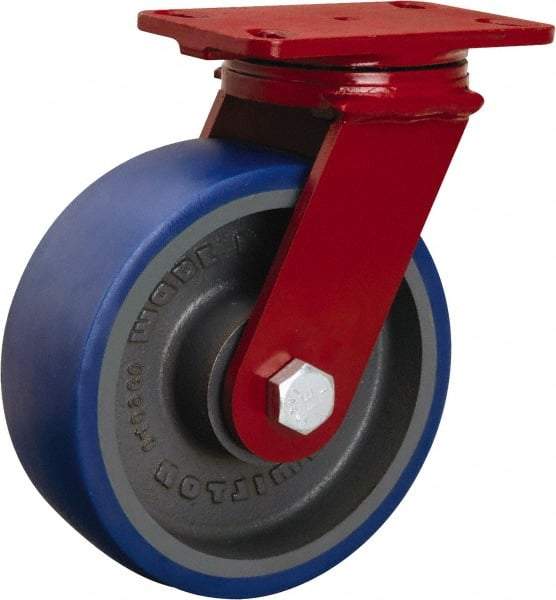 Hamilton - 8" Diam x 3" Wide x 10-1/8" OAH Top Plate Mount Swivel Caster - Polyurethane Mold onto Cast Iron Center, 2,000 Lb Capacity, Tapered Roller Bearing, 4-1/2 x 6-1/2" Plate - Apex Tool & Supply