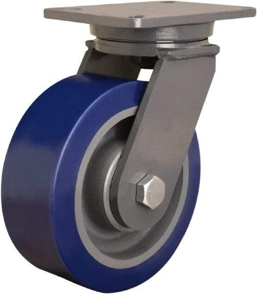 Hamilton - 8" Diam x 3" Wide x 10-1/2" OAH Top Plate Mount Swivel Caster - Polyurethane Mold onto Cast Iron Center, 3,500 Lb Capacity, Tapered Roller Bearing, 5-1/4 x 7-1/4" Plate - Apex Tool & Supply
