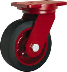 Hamilton - 10" Diam x 3" Wide x 12-1/2" OAH Top Plate Mount Swivel Caster - Rubber Mold on Cast Iron, 1,000 Lb Capacity, Precision Tapered Roller Bearing, 6-1/8 x 7-1/2" Plate - Apex Tool & Supply