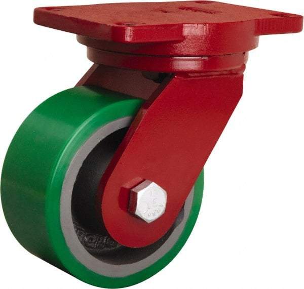 Hamilton - 6" Diam x 3" Wide x 8-1/2" OAH Top Plate Mount Swivel Caster - Polyurethane Mold onto Cast Iron Center, 2,200 Lb Capacity, Sealed Precision Ball Bearing, 6-1/8 x 7-1/2" Plate - Apex Tool & Supply