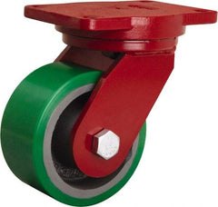 Hamilton - 6" Diam x 3" Wide x 8-1/2" OAH Top Plate Mount Swivel Caster - Polyurethane Mold onto Cast Iron Center, 2,200 Lb Capacity, Tapered Roller Bearing, 6-1/8 x 7-1/2" Plate - Apex Tool & Supply
