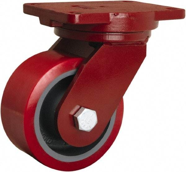 Hamilton - 6" Diam x 3" Wide x 8-1/2" OAH Top Plate Mount Swivel Caster - Polyurethane Mold on Forged Steel, 2,600 Lb Capacity, Sealed Precision Ball Bearing, 6-1/8 x 7-1/2" Plate - Apex Tool & Supply