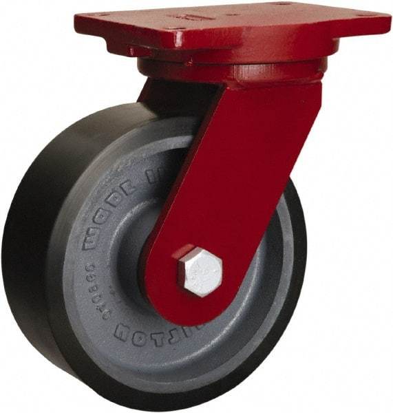 Hamilton - 8" Diam x 3" Wide x 10-1/2" OAH Top Plate Mount Swivel Caster - Polyurethane Mold onto Cast Iron Center, 3,250 Lb Capacity, Tapered Roller Bearing, 6-1/8 x 7-1/2" Plate - Apex Tool & Supply