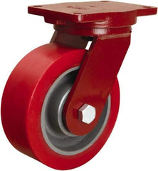 Hamilton - 8" Diam x 3" Wide x 10-1/2" OAH Top Plate Mount Swivel Caster - Polyurethane Mold onto Cast Iron Center, 4,400 Lb Capacity, Sealed Precision Ball Bearing, 6-1/8 x 7-1/2" Plate - Apex Tool & Supply