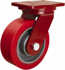Hamilton - 8" Diam x 3" Wide x 10-1/2" OAH Top Plate Mount Swivel Caster - Polyurethane Mold onto Cast Iron Center, 4,400 Lb Capacity, Tapered Roller Bearing, 6-1/8 x 7-1/2" Plate - Apex Tool & Supply