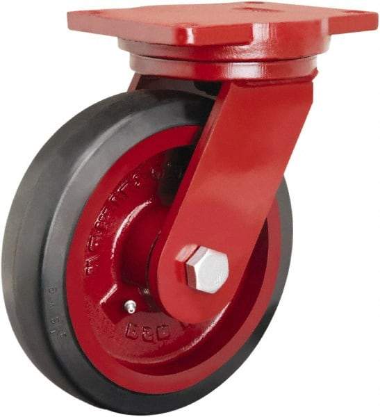 Hamilton - 8" Diam x 2-1/2" Wide x 10-1/2" OAH Top Plate Mount Swivel Caster - Rubber Mold on Cast Iron, 670 Lb Capacity, Precision Tapered Roller Bearing, 6-1/8 x 7-1/2" Plate - Apex Tool & Supply
