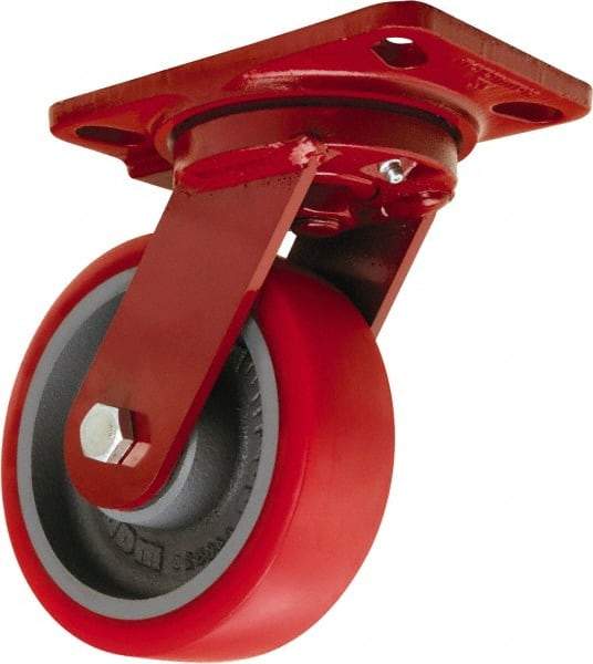 Hamilton - 6" Diam x 2" Wide x 7-3/4" OAH Top Plate Mount Swivel Caster - Polyurethane Mold onto Cast Iron Center, 1,400 Lb Capacity, Sealed Precision Ball Bearing, 4-1/2 x 6-1/2" Plate - Apex Tool & Supply