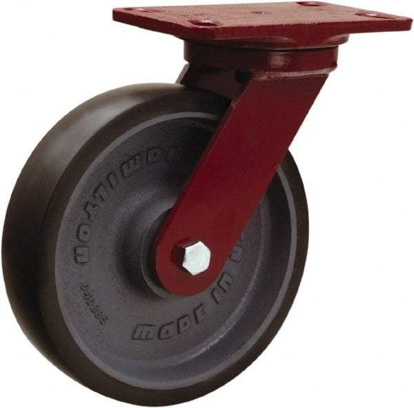 Hamilton - 8" Diam x 2" Wide x 9-3/4" OAH Top Plate Mount Swivel Caster - Polyurethane Mold onto Cast Iron Center, 1,950 Lb Capacity, Tapered Roller Bearing, 4-1/2 x 6-1/2" Plate - Apex Tool & Supply