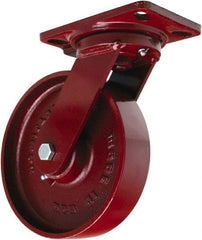Hamilton - 8" Diam x 2" Wide x 9-3/4" OAH Top Plate Mount Swivel Caster - Cast Iron, 1,500 Lb Capacity, Sealed Precision Ball Bearing, 4-1/2 x 6-1/2" Plate - Apex Tool & Supply