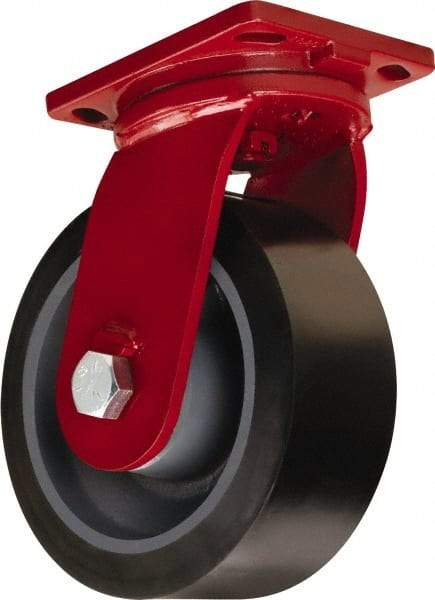 Hamilton - 10" Diam x 4" Wide x 12-1/2" OAH Top Plate Mount Swivel Caster - Polyurethane Mold on Forged Steel, 6,500 Lb Capacity, Tapered Roller Bearing, 6-1/2 x 7-1/2" Plate - Apex Tool & Supply
