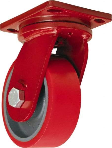 Hamilton - 8" Diam x 3" Wide x 10-1/2" OAH Top Plate Mount Swivel Caster - Polyurethane Mold onto Cast Iron Center, 3,000 Lb Capacity, Sealed Precision Ball Bearing, 6-1/2 x 7-1/2" Plate - Apex Tool & Supply