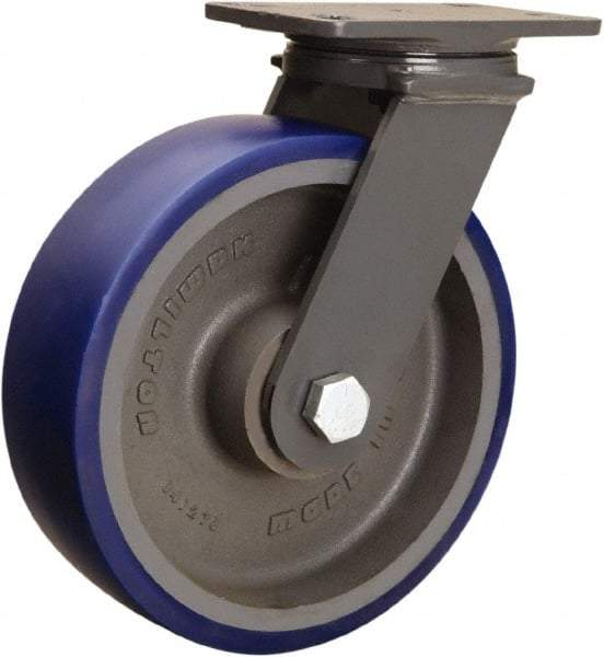 Hamilton - 10" Diam x 3" Wide x 12-1/16" OAH Top Plate Mount Swivel Caster - Polyurethane Mold onto Cast Iron Center, 2,400 Lb Capacity, Sealed Precision Ball Bearing, 4-1/2 x 6-1/2" Plate - Apex Tool & Supply