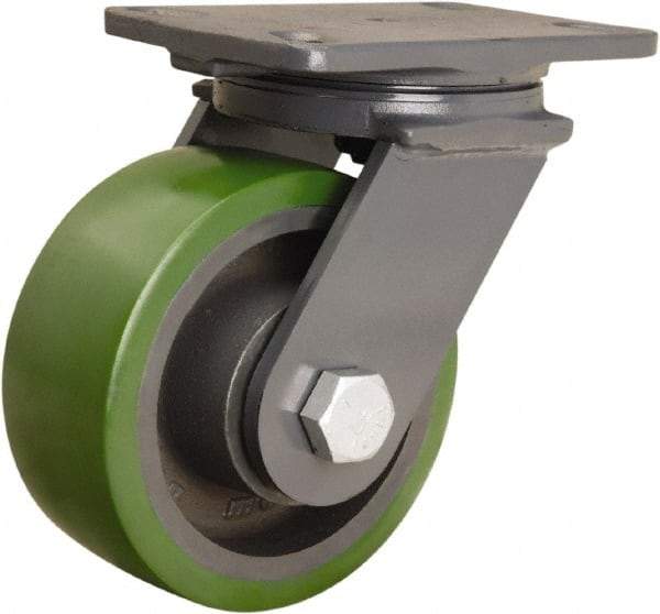 Hamilton - 6" Diam x 2-1/2" Wide x 7-3/4" OAH Top Plate Mount Swivel Caster - Polyurethane Mold onto Cast Iron Center, 1,600 Lb Capacity, Tapered Roller Bearing, 4-1/2 x 6-1/2" Plate - Apex Tool & Supply