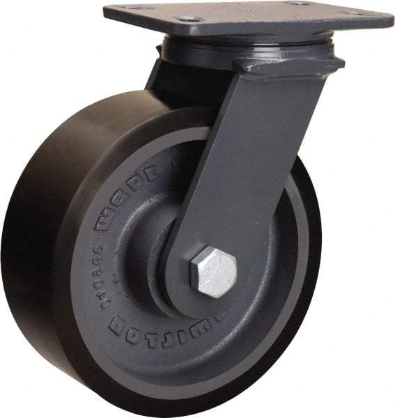 Hamilton - 8" Diam x 3" Wide x 10-1/4" OAH Top Plate Mount Swivel Caster - Polyurethane Mold onto Cast Iron Center, 2,400 Lb Capacity, Sealed Precision Ball Bearing, 4-1/2 x 6-1/2" Plate - Apex Tool & Supply
