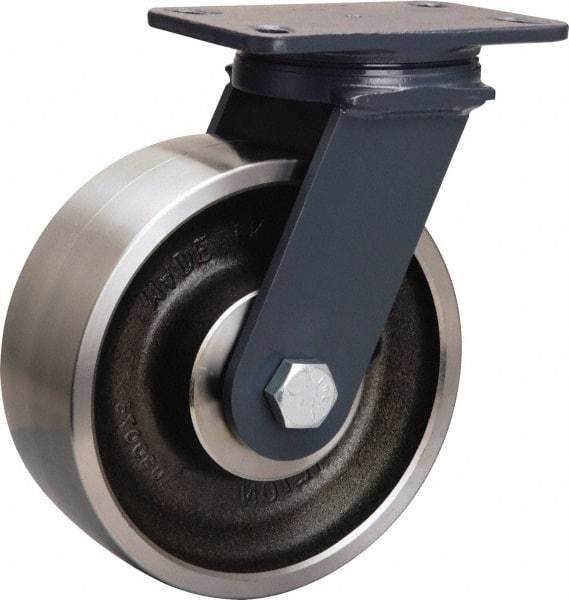 Hamilton - 8" Diam x 3" Wide x 10-1/4" OAH Top Plate Mount Swivel Caster - Forged Steel, 2,400 Lb Capacity, Sealed Precision Ball Bearing, 4-1/2 x 6-1/2" Plate - Apex Tool & Supply