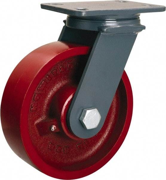 Hamilton - 8" Diam x 2-1/2" Wide x 10-1/4" OAH Top Plate Mount Swivel Caster - Cast Iron, 2,400 Lb Capacity, Straight Roller Bearing, 4-1/2 x 6-1/2" Plate - Apex Tool & Supply