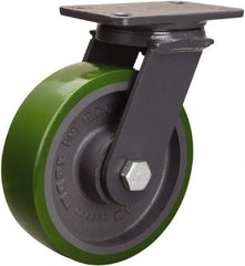 Hamilton - 8" Diam x 2-1/2" Wide x 10-1/4" OAH Top Plate Mount Swivel Caster - Polyurethane Mold onto Cast Iron Center, 2,000 Lb Capacity, Sealed Precision Ball Bearing, 4-1/2 x 6-1/2" Plate - Apex Tool & Supply