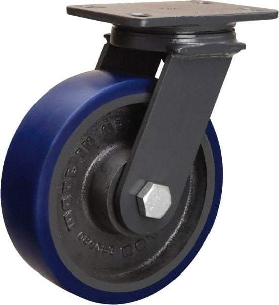 Hamilton - 8" Diam x 3" Wide x 10-1/4" OAH Top Plate Mount Swivel Caster - Polyurethane Mold onto Cast Iron Center, 2,000 Lb Capacity, Tapered Roller Bearing, 4-1/2 x 6-1/2" Plate - Apex Tool & Supply