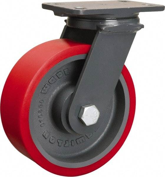 Hamilton - 8" Diam x 3" Wide x 10-1/4" OAH Top Plate Mount Swivel Caster - Polyurethane Mold onto Cast Iron Center, 2,400 Lb Capacity, Tapered Roller Bearing, 4-1/2 x 6-1/2" Plate - Apex Tool & Supply